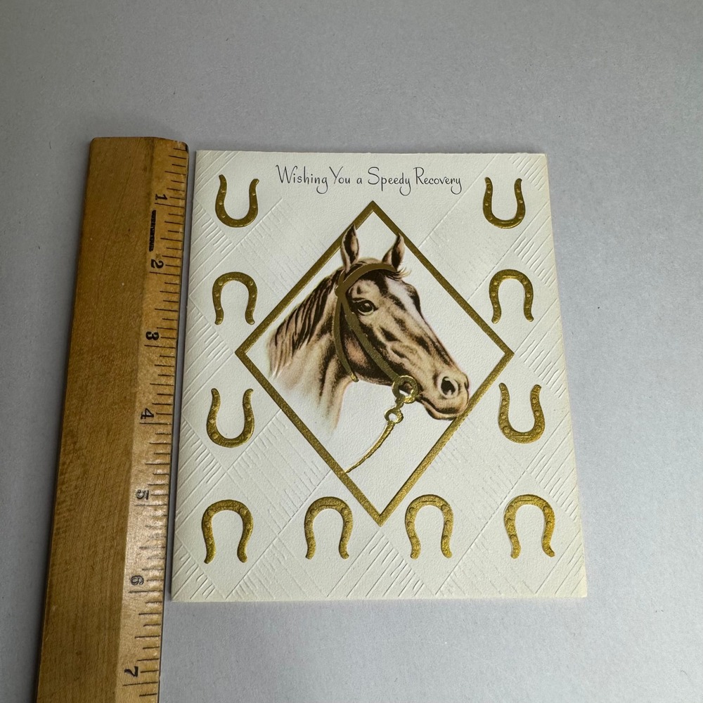 Vintage Sangamon Get Well Greeting Card Horse Horseshoe Gold Embossed 10-303 USA